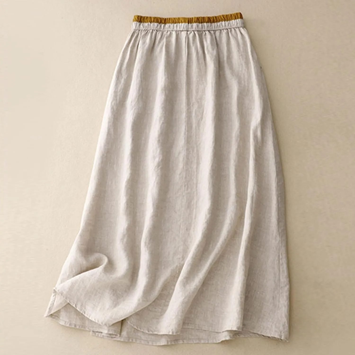 Women Embroidery Cotton Linen Skirt Drawstring Waist A Line Flowy Skirts Slit Color Block Boho Dress with Pockets