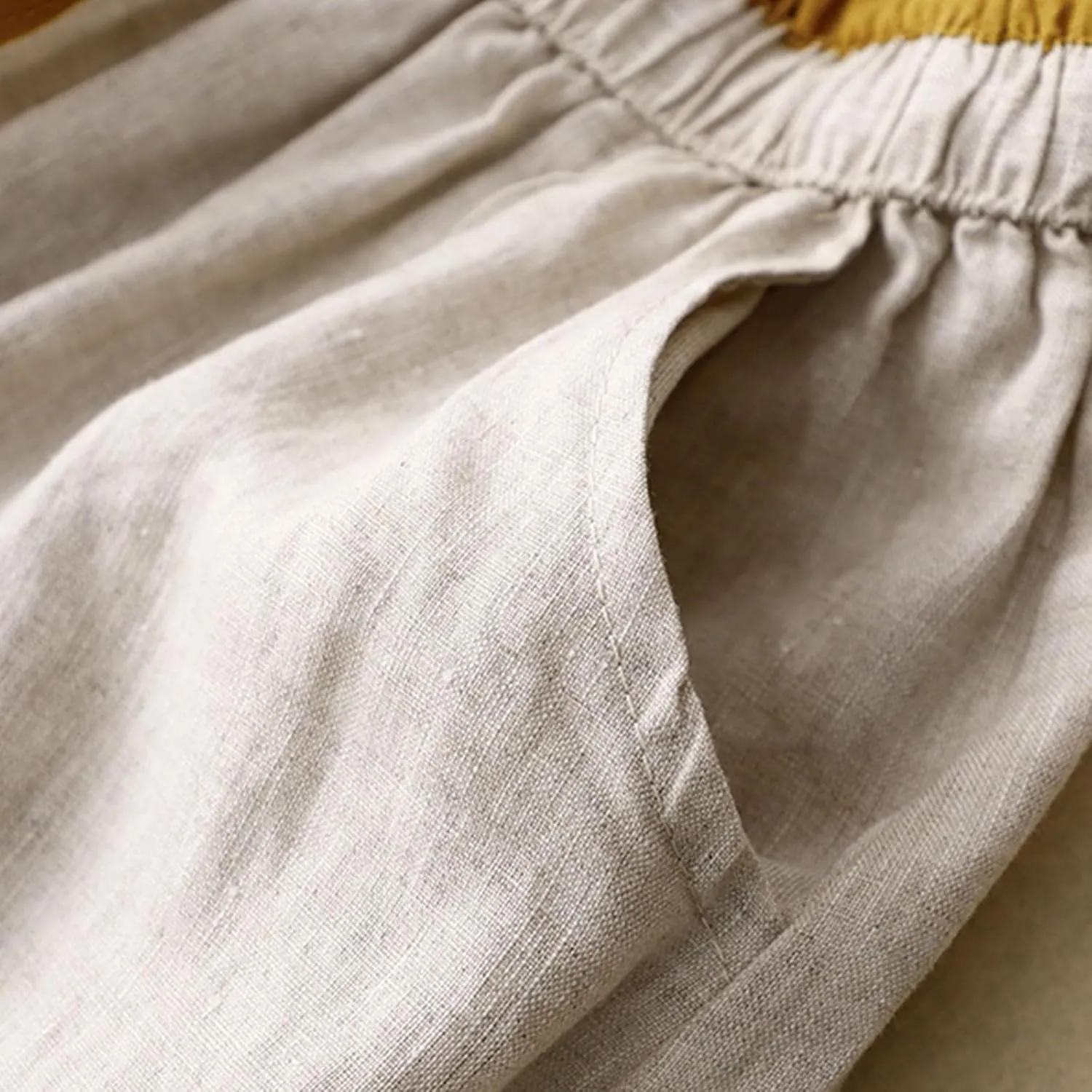 Women Embroidery Cotton Linen Skirt Drawstring Waist A Line Flowy Skirts Slit Color Block Boho Dress with Pockets