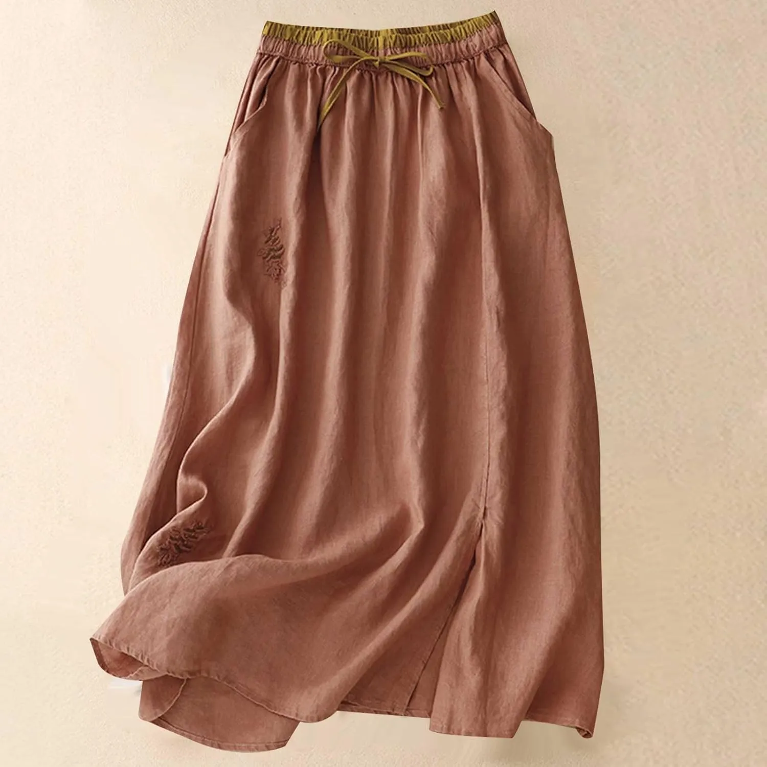 Women Embroidery Cotton Linen Skirt Drawstring Waist A Line Flowy Skirts Slit Color Block Boho Dress with Pockets