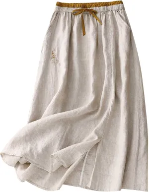 Women Embroidery Cotton Linen Skirt Drawstring Waist A Line Flowy Skirts Slit Color Block Boho Dress with Pockets