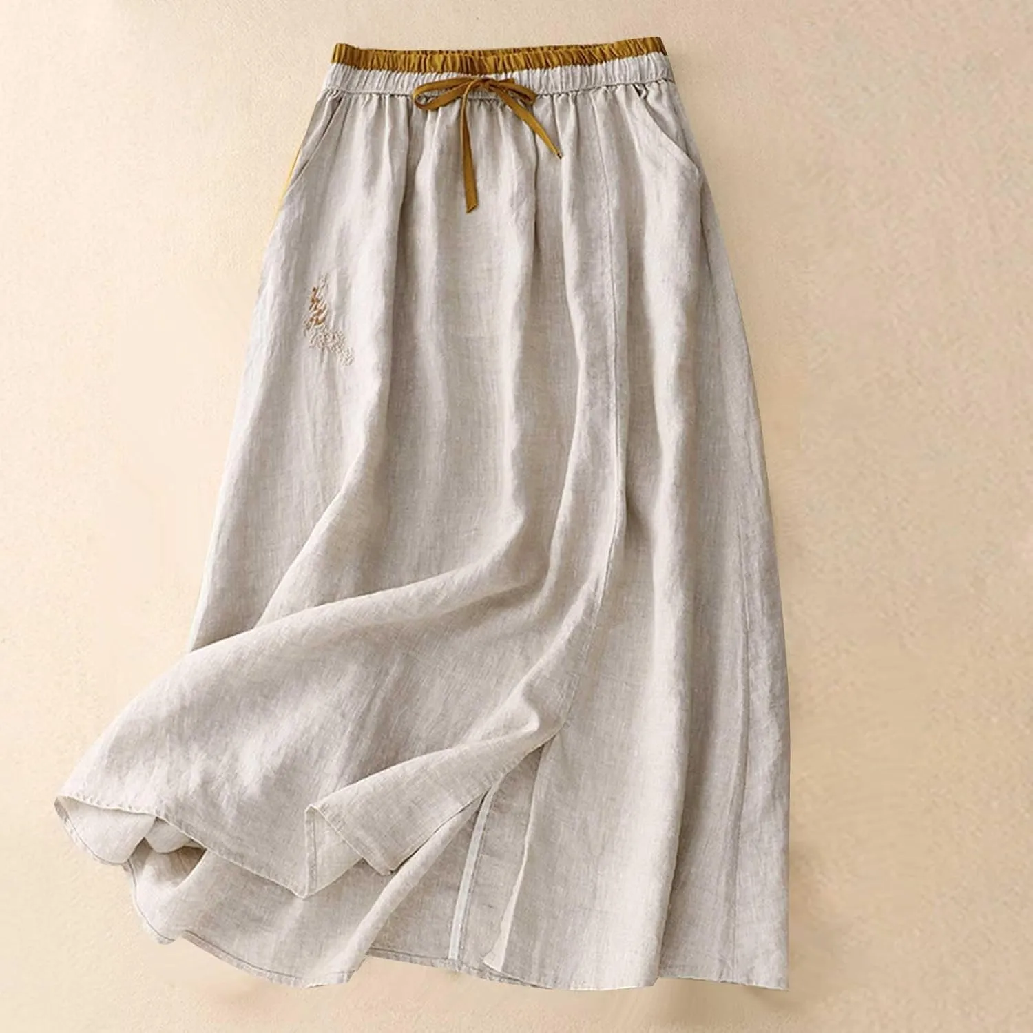 Women Embroidery Cotton Linen Skirt Drawstring Waist A Line Flowy Skirts Slit Color Block Boho Dress with Pockets