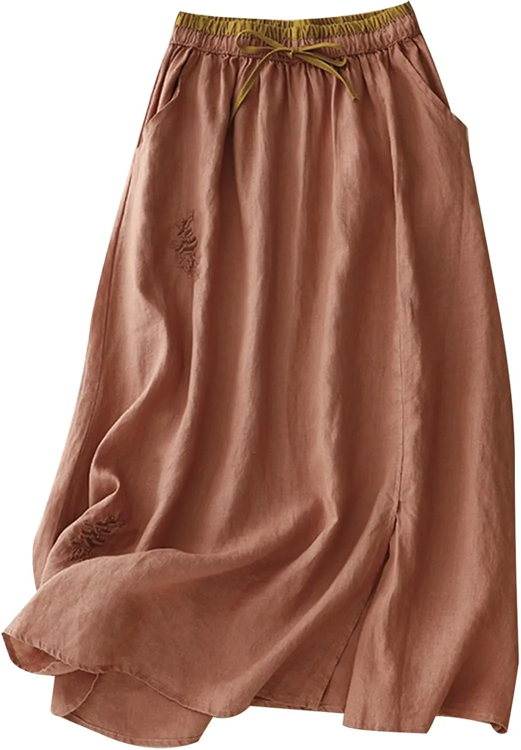 Women Embroidery Cotton Linen Skirt Drawstring Waist A Line Flowy Skirts Slit Color Block Boho Dress with Pockets
