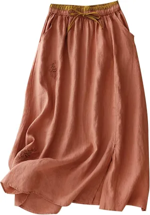 Women Embroidery Cotton Linen Skirt Drawstring Waist A Line Flowy Skirts Slit Color Block Boho Dress with Pockets