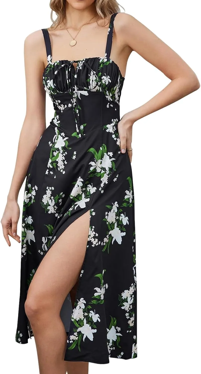 Women Floral Corset Dress Boho Floral Sleeveless Slit Lace Up Dresses Casual Flowy Going Out A Line Midi Sundress