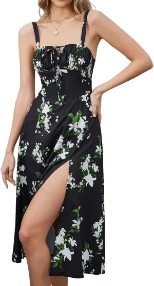 Women Floral Corset Dress Boho Floral Sleeveless Slit Lace Up Dresses Casual Flowy Going Out A Line Midi Sundress