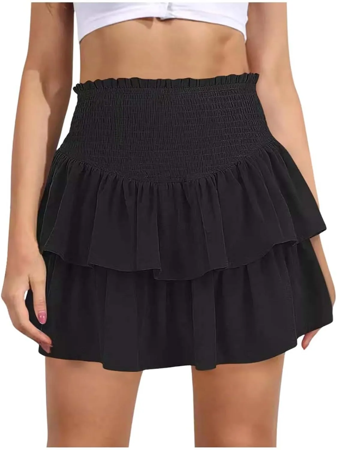 Women High Elastic Waist Pleated Mini Skirt Casual Boho Ruffle Tiered Skorts Basic Stretchy Flared Inner Shorts Skirts