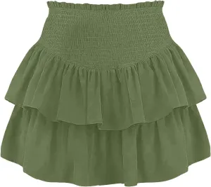Women High Elastic Waist Pleated Mini Skirt Casual Boho Ruffle Tiered Skorts Basic Stretchy Flared Inner Shorts Skirts