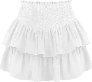 Women High Elastic Waist Pleated Mini Skirt Casual Boho Ruffle Tiered Skorts Basic Stretchy Flared Inner Shorts Skirts