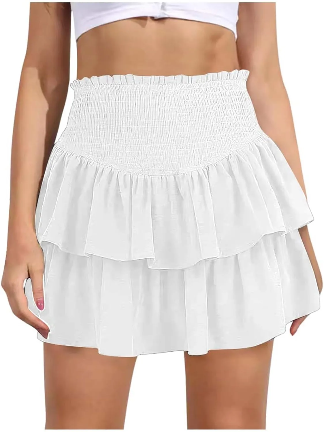 Women High Elastic Waist Pleated Mini Skirt Casual Boho Ruffle Tiered Skorts Basic Stretchy Flared Inner Shorts Skirts
