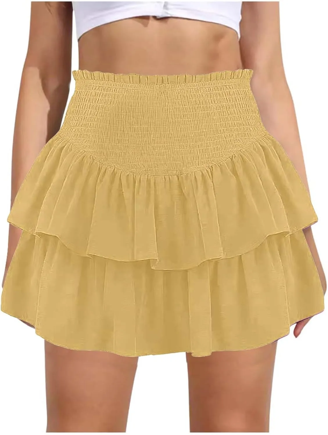 Women High Elastic Waist Pleated Mini Skirt Casual Boho Ruffle Tiered Skorts Basic Stretchy Flared Inner Shorts Skirts