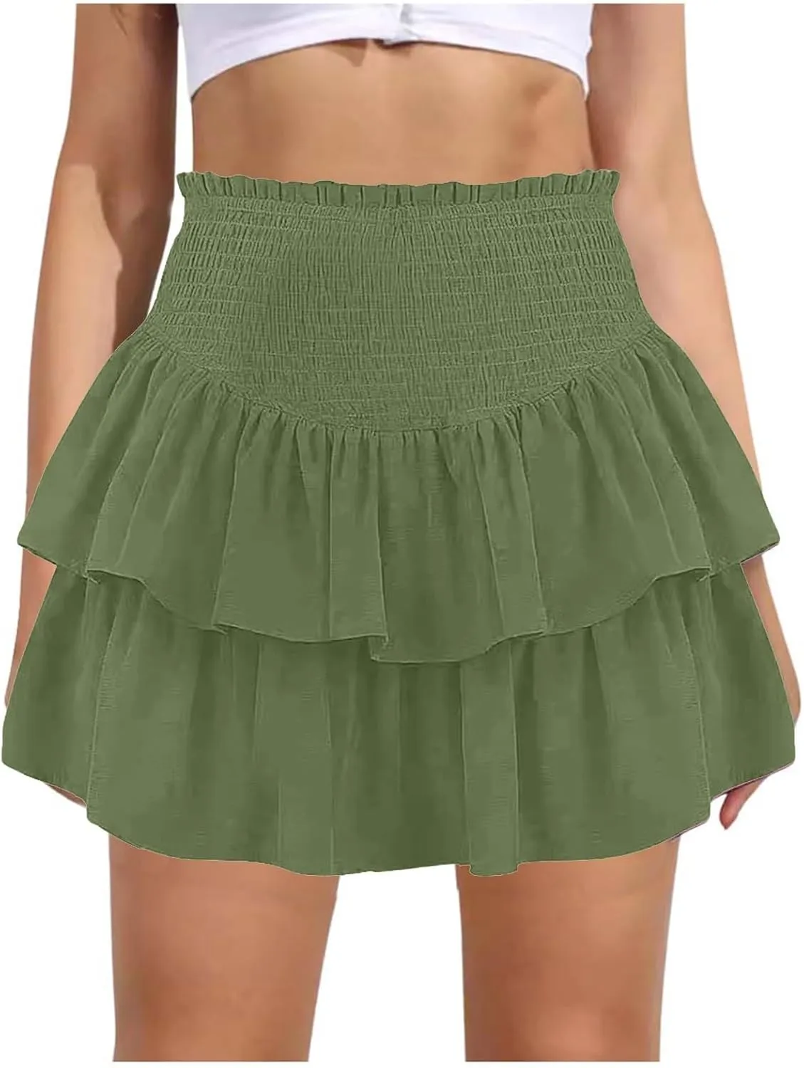 Women High Elastic Waist Pleated Mini Skirt Casual Boho Ruffle Tiered Skorts Basic Stretchy Flared Inner Shorts Skirts