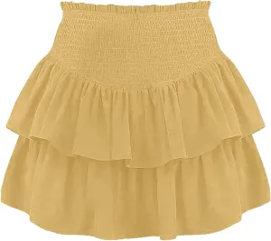Women High Elastic Waist Pleated Mini Skirt Casual Boho Ruffle Tiered Skorts Basic Stretchy Flared Inner Shorts Skirts