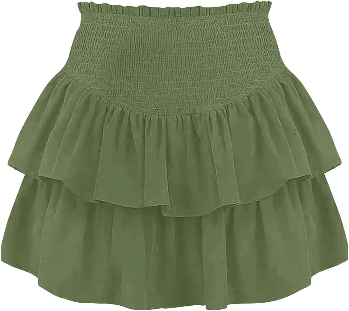 Women High Elastic Waist Pleated Mini Skirt Casual Boho Ruffle Tiered Skorts Basic Stretchy Flared Inner Shorts Skirts