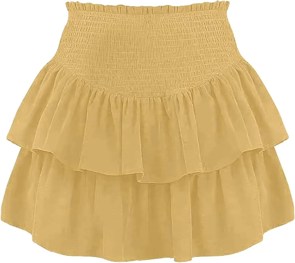 Women High Elastic Waist Pleated Mini Skirt Casual Boho Ruffle Tiered Skorts Basic Stretchy Flared Inner Shorts Skirts