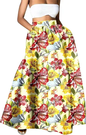 Women Maxi Skirt Floral Flowy Bohemian Vintage Casual A Line Trendy Long Dress Spring Beach Skirts with Pockets