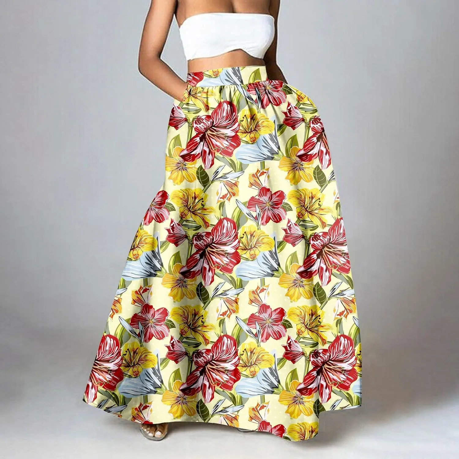 Women Maxi Skirt Floral Flowy Bohemian Vintage Casual A Line Trendy Long Dress Spring Beach Skirts with Pockets