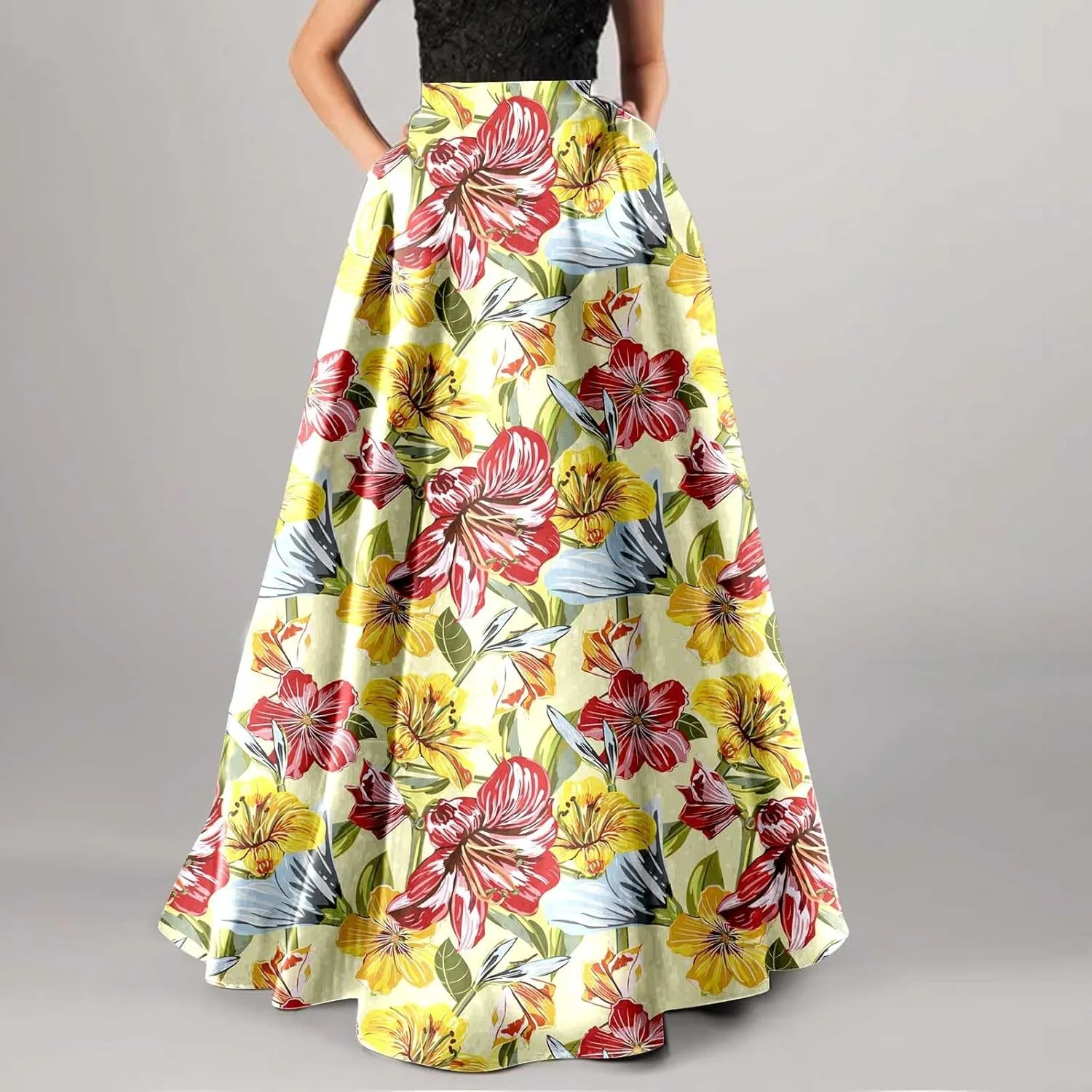 Women Maxi Skirt Floral Flowy Bohemian Vintage Casual A Line Trendy Long Dress Spring Beach Skirts with Pockets