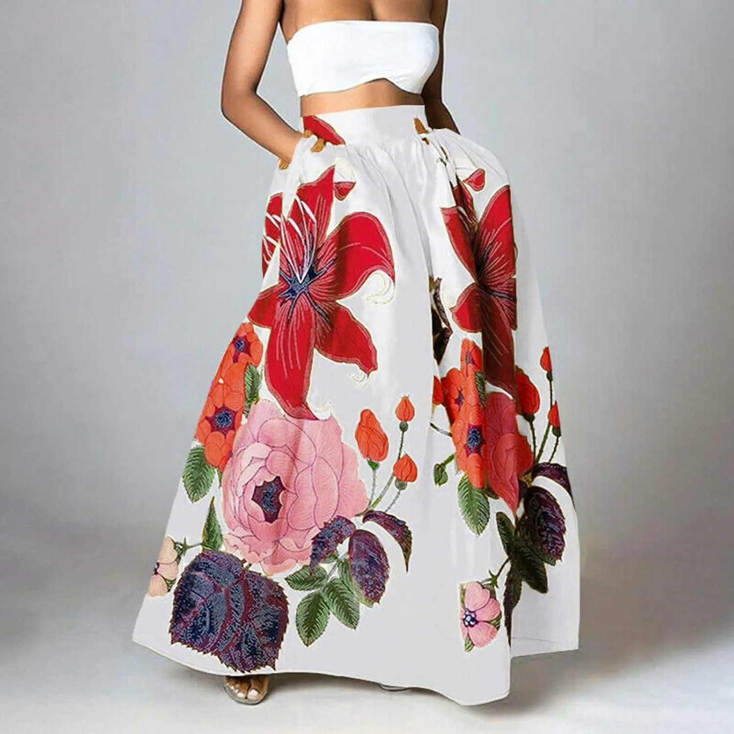 Women Maxi Skirt Floral Flowy Bohemian Vintage Casual A Line Trendy Long Dress Spring Beach Skirts with Pockets