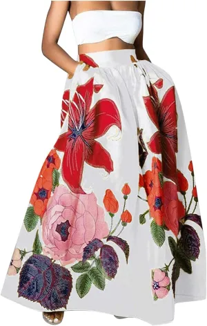 Women Maxi Skirt Floral Flowy Bohemian Vintage Casual A Line Trendy Long Dress Spring Beach Skirts with Pockets