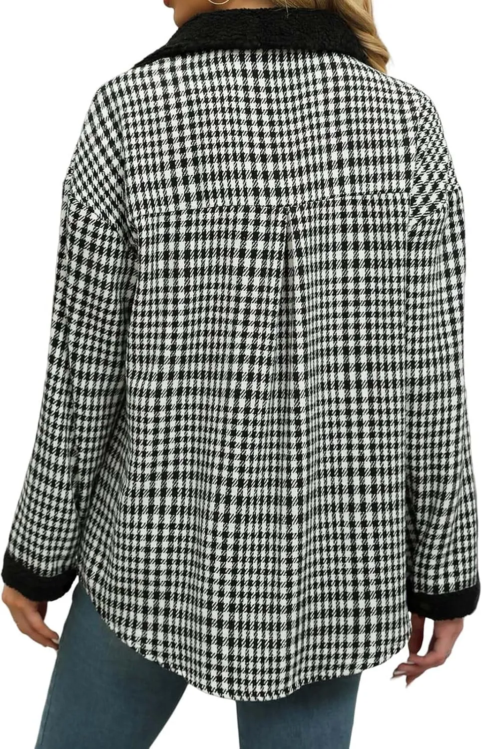 Women Plaid Shacket Jacket Flannel Button Down Long Sleeve Shirt Sherpa Fuzzy Fleece Lined Jackets Casual Lapel Top