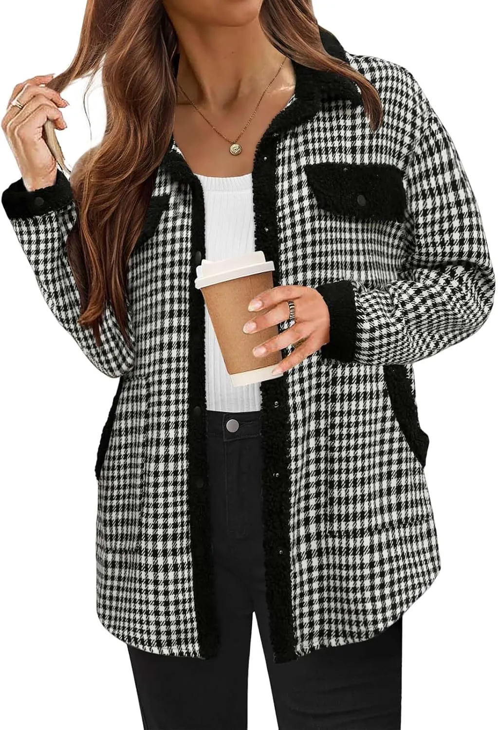 Women Plaid Shacket Jacket Flannel Button Down Long Sleeve Shirt Sherpa Fuzzy Fleece Lined Jackets Casual Lapel Top