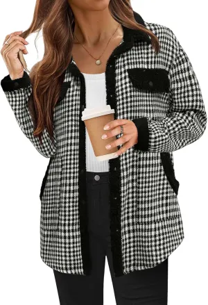 Women Plaid Shacket Jacket Flannel Button Down Long Sleeve Shirt Sherpa Fuzzy Fleece Lined Jackets Casual Lapel Top