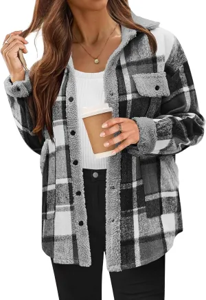 Women Plaid Shacket Jacket Flannel Button Down Long Sleeve Shirt Sherpa Fuzzy Fleece Lined Jackets Casual Lapel Top