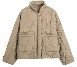 Women Quilted Jacket Zip Up Oversized Warm Winter Coats Stand Collar Lightweight Puffer Jacket Padded Down Coat Outwear