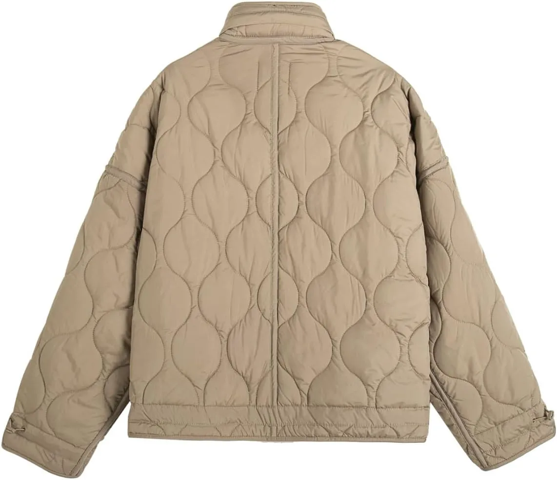 Women Quilted Jacket Zip Up Oversized Warm Winter Coats Stand Collar Lightweight Puffer Jacket Padded Down Coat Outwear