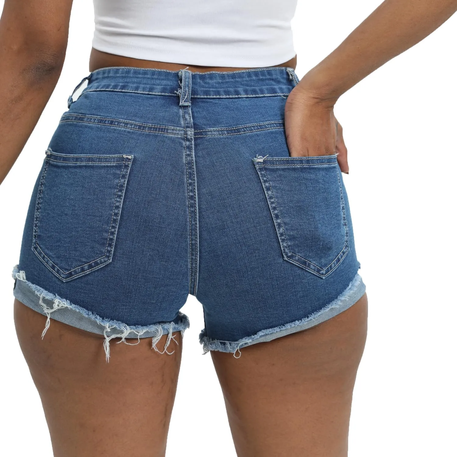 Women Ripped Denim Shorts High Rise Summer Jeans Stretchy Folded Hem Jean Shorts Cut Off Distressed Short Jeans