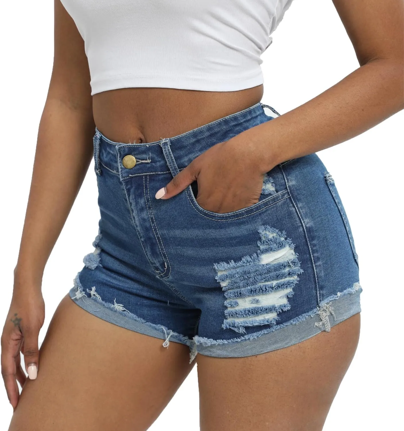 Women Ripped Denim Shorts High Rise Summer Jeans Stretchy Folded Hem Jean Shorts Cut Off Distressed Short Jeans