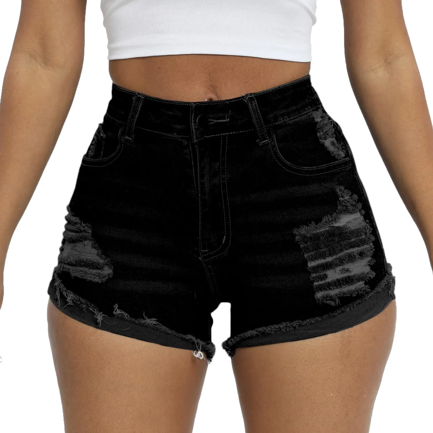 Women Ripped Denim Shorts High Rise Summer Jeans Stretchy Folded Hem Jean Shorts Cut Off Distressed Short Jeans