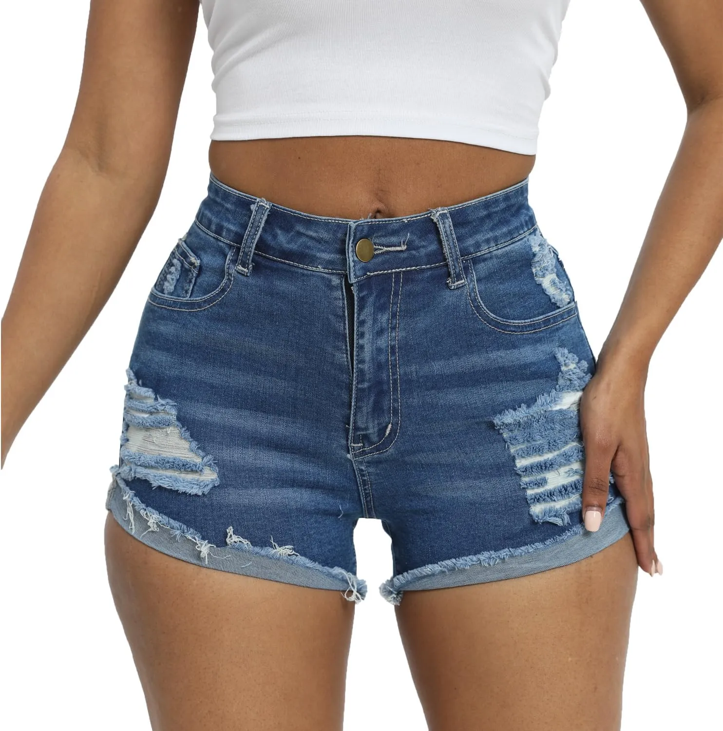 Women Ripped Denim Shorts High Rise Summer Jeans Stretchy Folded Hem Jean Shorts Cut Off Distressed Short Jeans