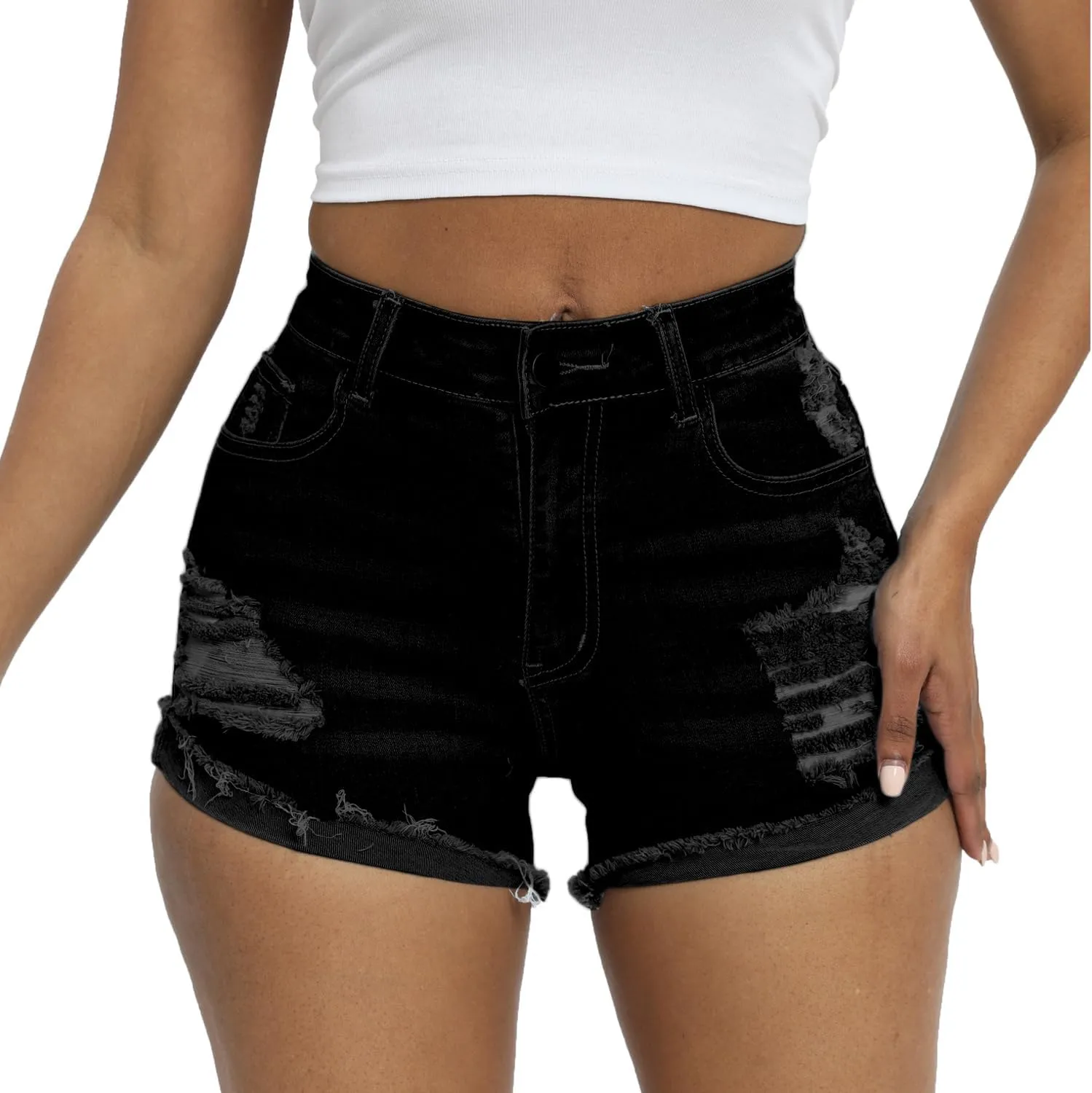 Women Ripped Denim Shorts High Rise Summer Jeans Stretchy Folded Hem Jean Shorts Cut Off Distressed Short Jeans