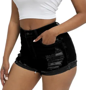Women Ripped Denim Shorts High Rise Summer Jeans Stretchy Folded Hem Jean Shorts Cut Off Distressed Short Jeans