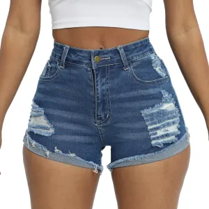 Women Ripped Denim Shorts High Rise Summer Jeans Stretchy Folded Hem Jean Shorts Cut Off Distressed Short Jeans