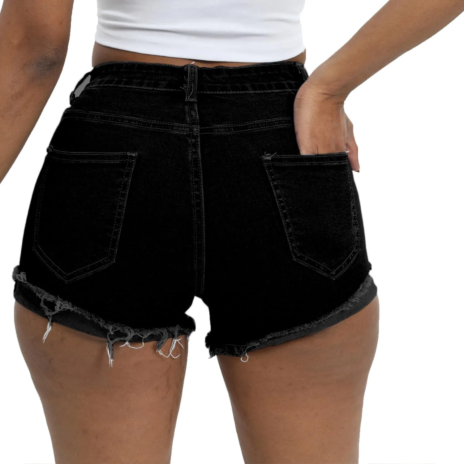 Women Ripped Denim Shorts High Rise Summer Jeans Stretchy Folded Hem Jean Shorts Cut Off Distressed Short Jeans