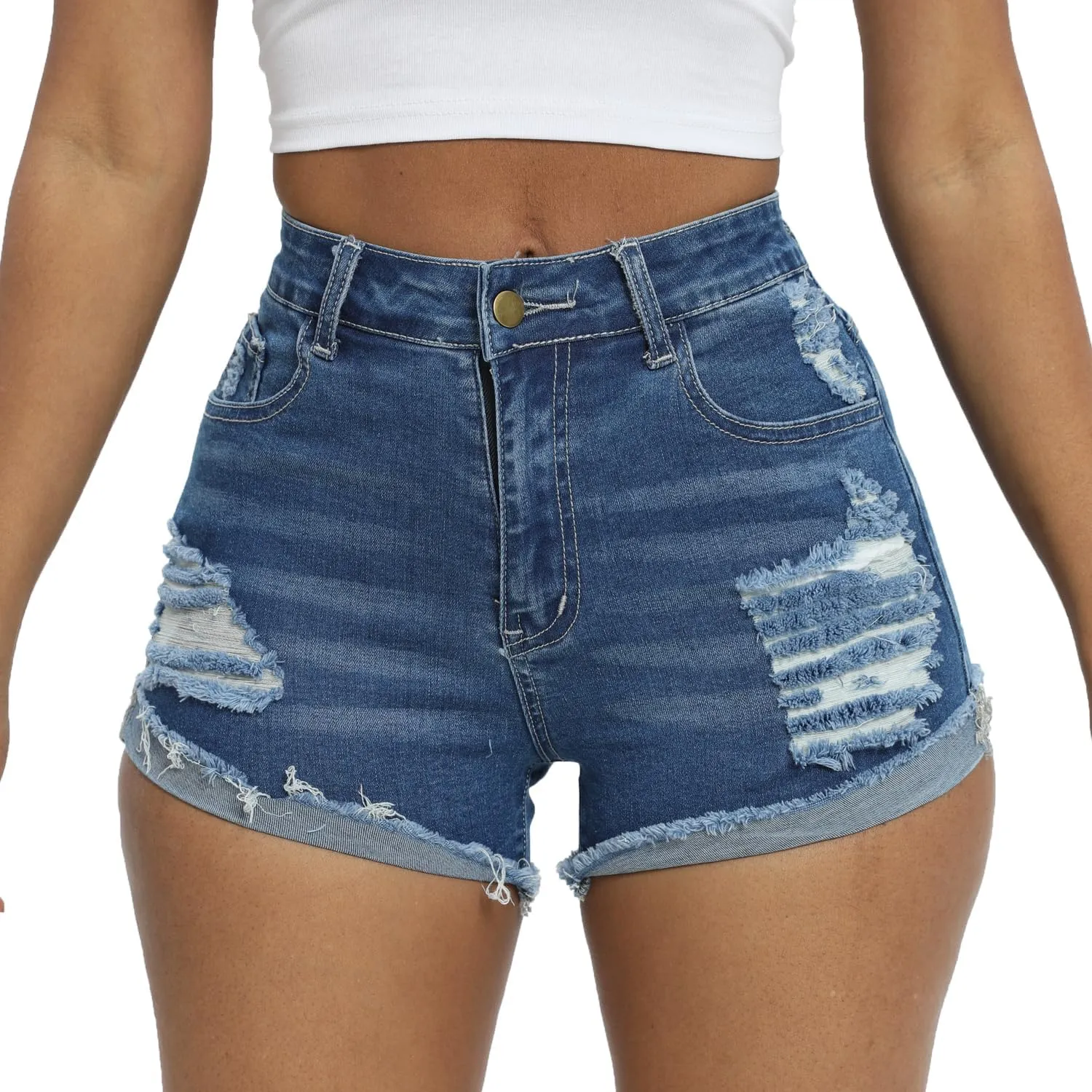 Women Ripped Denim Shorts High Rise Summer Jeans Stretchy Folded Hem Jean Shorts Cut Off Distressed Short Jeans