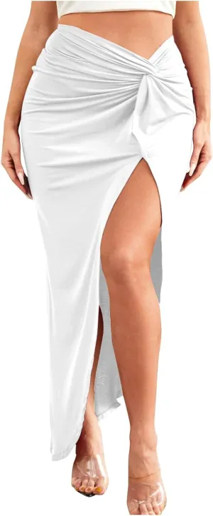 Women Ruched Pencil Skirts Asymmetrical High Waist Tie Front Bodycon Solid Color Sexy Beach Vacation Skirt with Slit