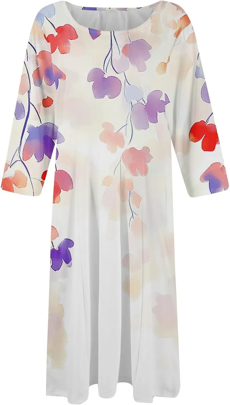 Women Spring Dresses Crewneck 3/4 Sleeve Midi Dresses Floral A Line Dress Summer Flowy Beach Dress with Pocket
