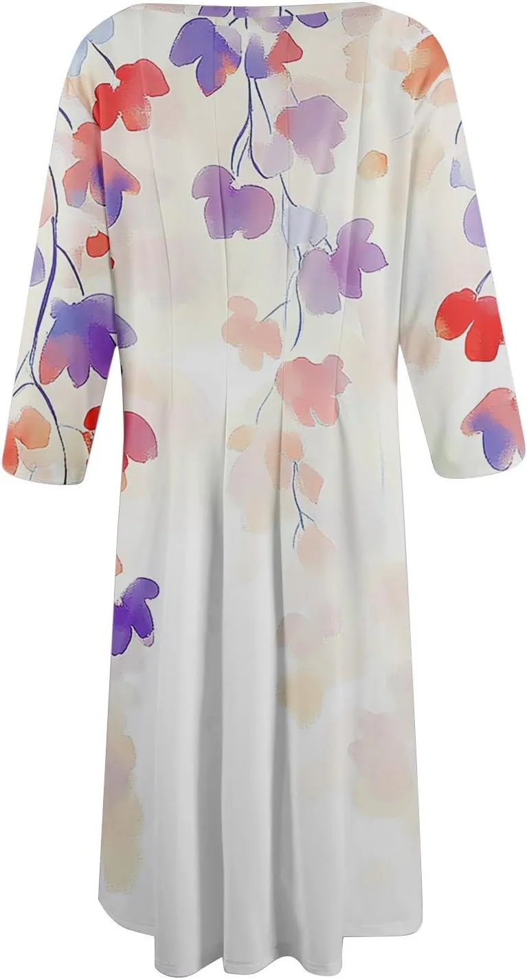 Women Spring Dresses Crewneck 3/4 Sleeve Midi Dresses Floral A Line Dress Summer Flowy Beach Dress with Pocket
