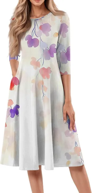 Women Spring Dresses Crewneck 3/4 Sleeve Midi Dresses Floral A Line Dress Summer Flowy Beach Dress with Pocket