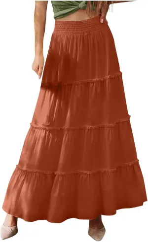 Women Summer Boho Maxi Skirts Flowy Swing Tiered Ruffle A-Line Beach Skirt Smocked Elastic High Waist Pleated Dress