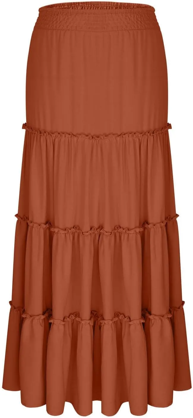 Women Summer Boho Maxi Skirts Flowy Swing Tiered Ruffle A-Line Beach Skirt Smocked Elastic High Waist Pleated Dress