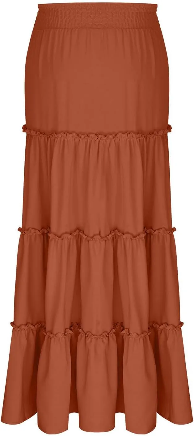 Women Summer Boho Maxi Skirts Flowy Swing Tiered Ruffle A-Line Beach Skirt Smocked Elastic High Waist Pleated Dress