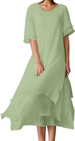 Women Summer Casual Maxi Dress 2025 Flowy Scoop Neck Tiered Long Dress Flutter Short Sleeve Beach Vacation Sundresses