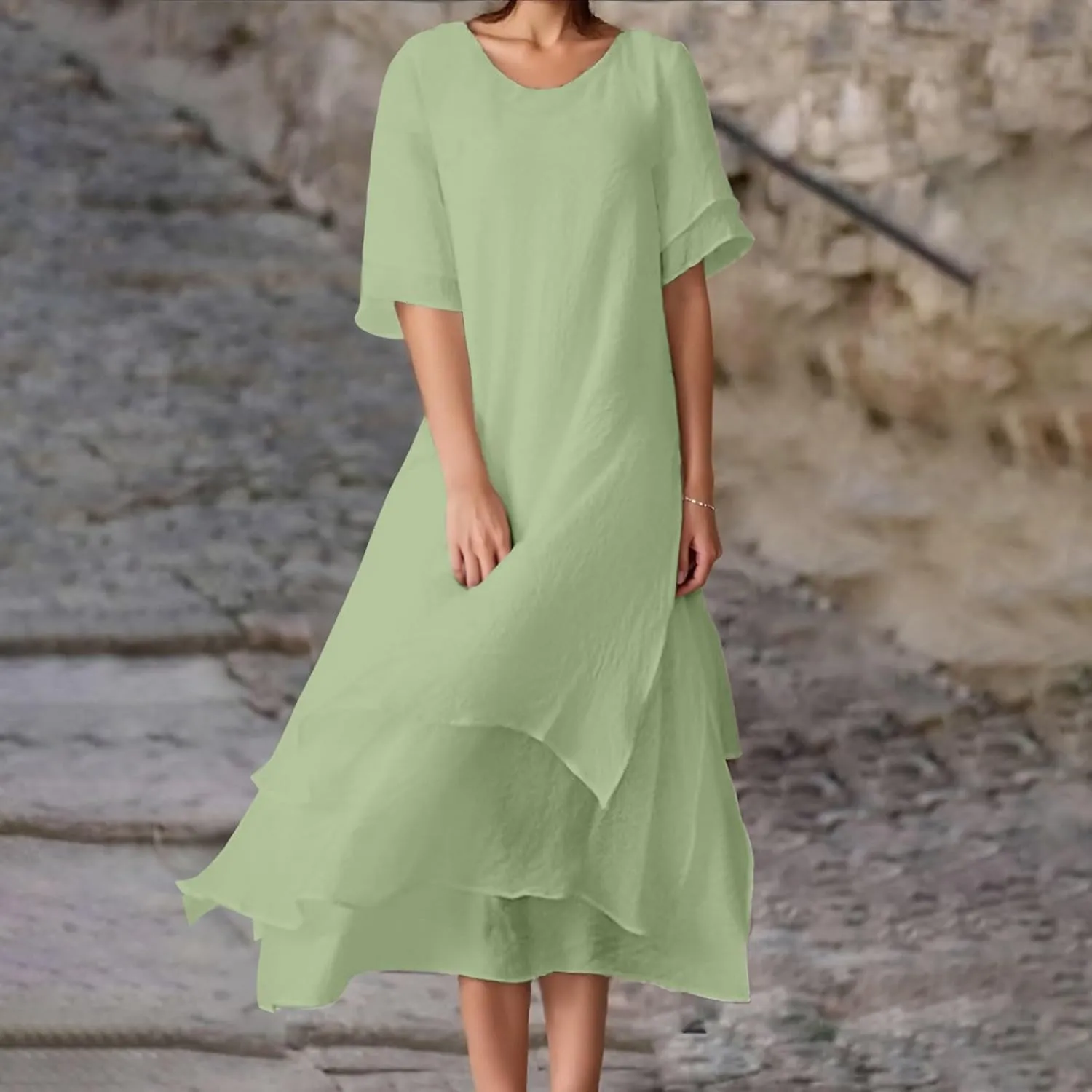 Women Summer Casual Maxi Dress 2025 Flowy Scoop Neck Tiered Long Dress Flutter Short Sleeve Beach Vacation Sundresses