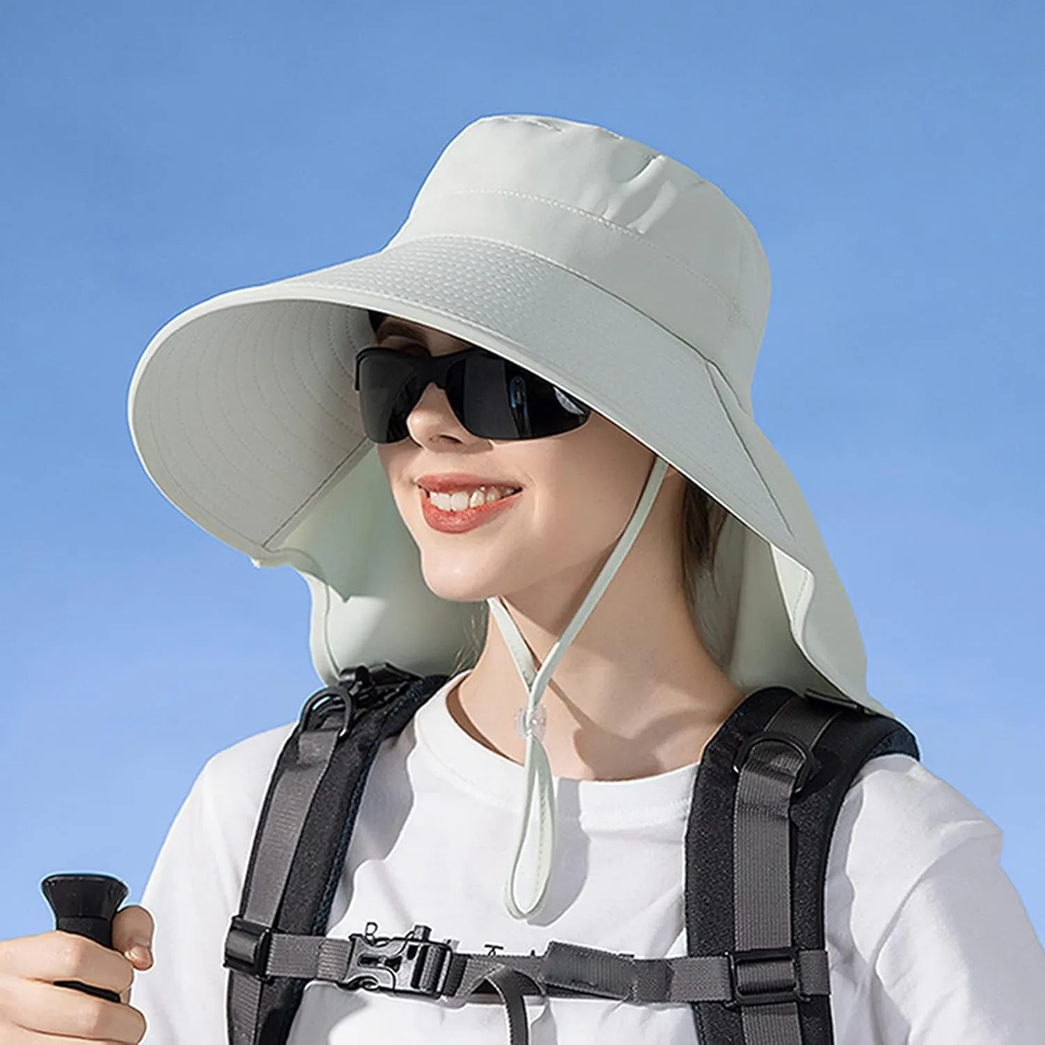 Women Summer Wide Brim Shawl Sun Hats Sunscreen Fisherman Cap Outdoor Travel Ponytail Hole Visors Hat with Strings