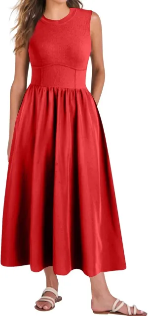 Women Sundress Tank Top Dresses Summer Dresses Pleated Wrap Dress Sleeveless Bohemian Ruffle Dress Formal with Pockets