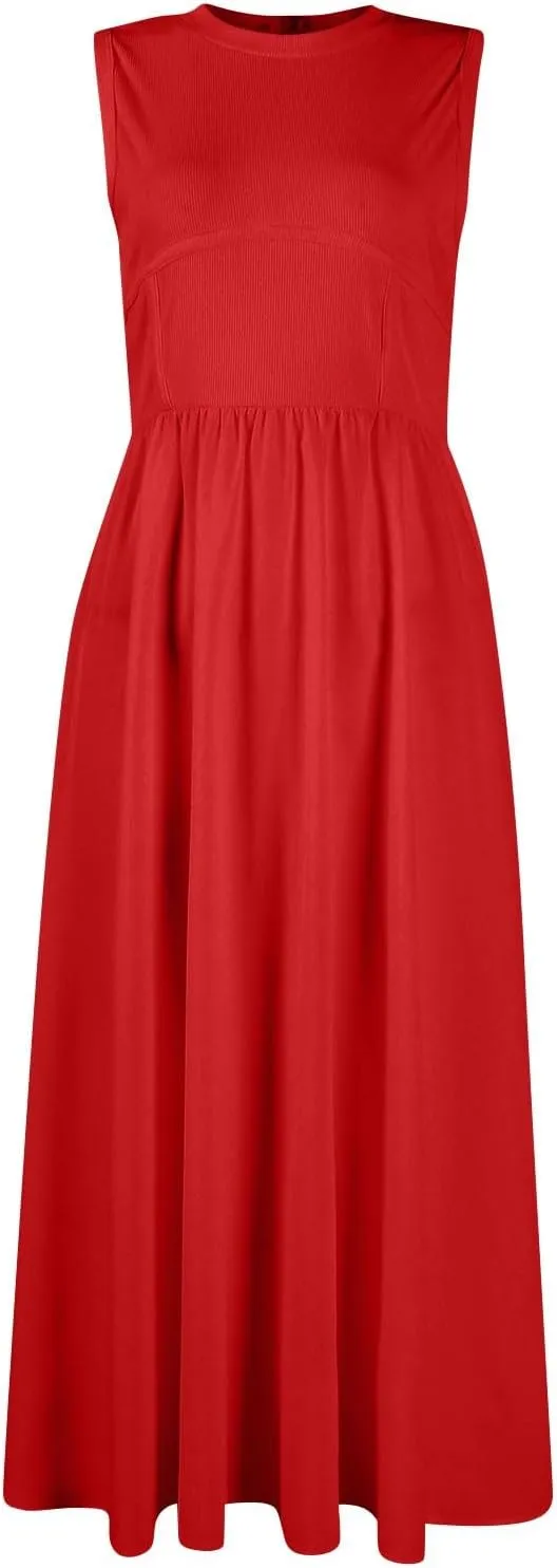 Women Sundress Tank Top Dresses Summer Dresses Pleated Wrap Dress Sleeveless Bohemian Ruffle Dress Formal with Pockets